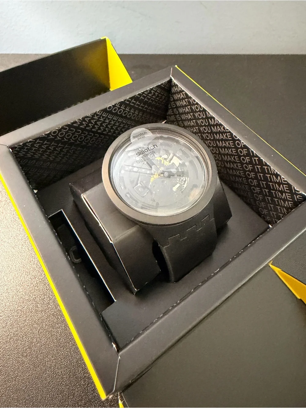 Swatch Black Silicone Skeleton Dial Watch with Gold Accents Bioceramic